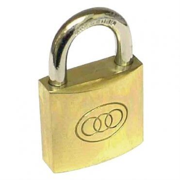 A brass value 32mm padlock with a silver shackle on a white background.