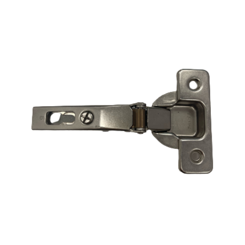 A 120 sprung chrome hinge for craftsman doors with screw holes on a white background.