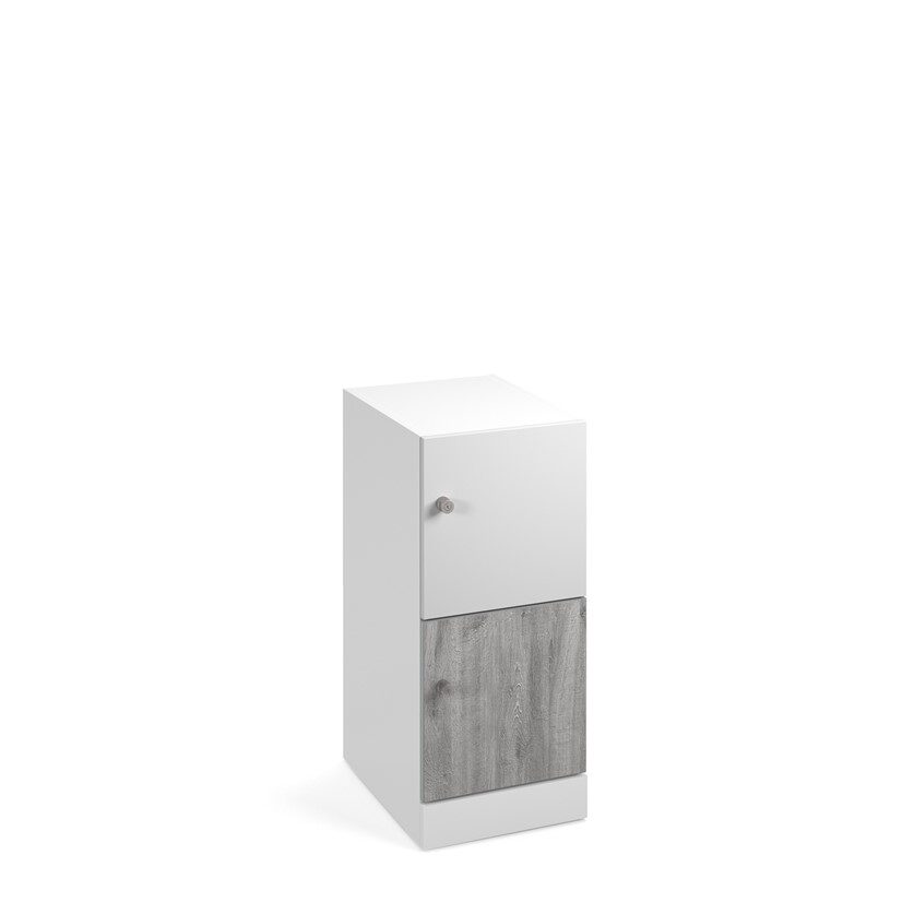 A 900mm high 2 door flux locker with a grey wood effect door, a white door and a white frame.