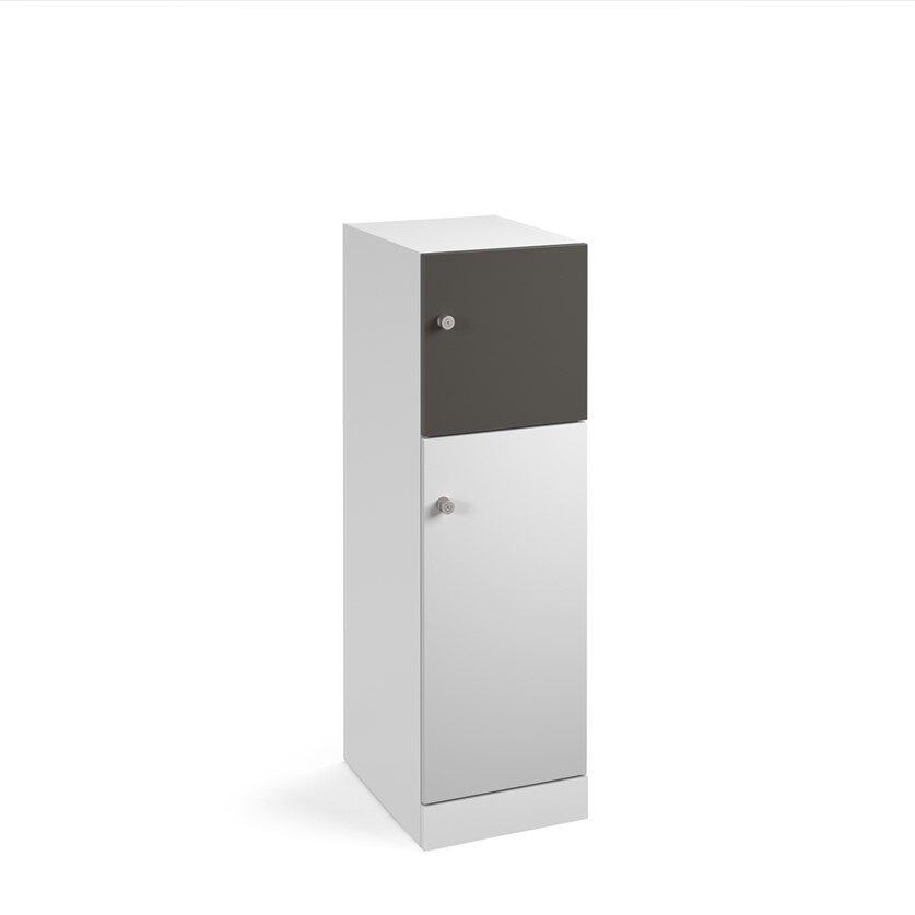A 1300mm high 2 door flux locker with a dark grey door, a white door and a white frame. The bottom door is twice the size of the top one.