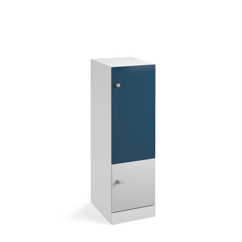 A 1300mm high 2 door flux locker with a navy blue door, a white door and a white frame. The top door is twice the size of the bottom one.