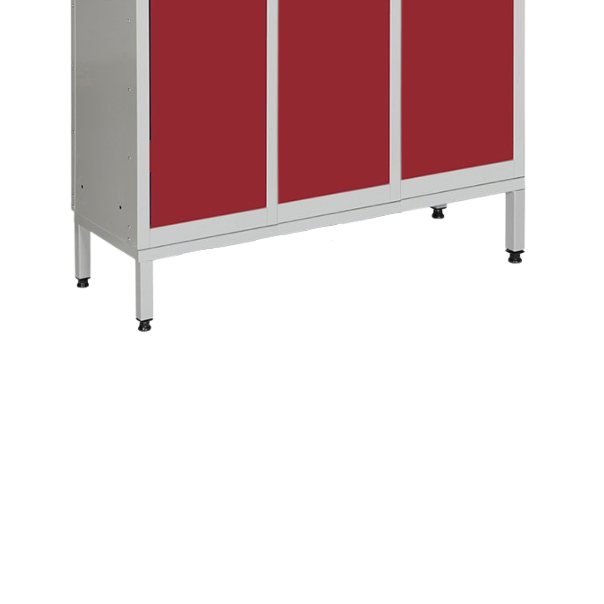 A link locker metal stand nest of 3 with adjustable feet and a locker on top as an example on a white background.