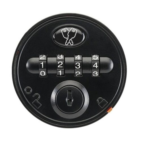 A black circular 4 dial mechanical 2850 locker lock with a key override slot on a white background.