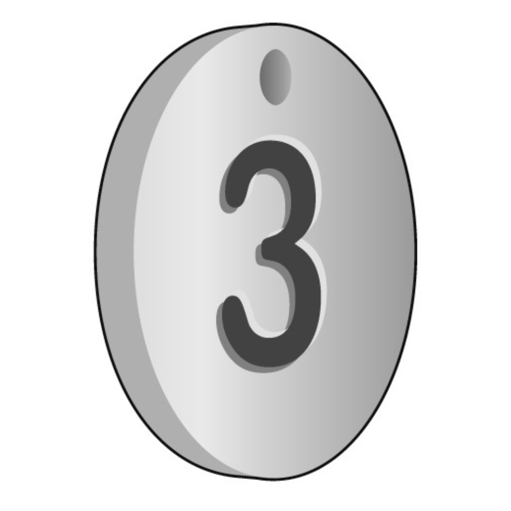 A silver probe locker number key fob with the number 3 on it and a hole for a split ring on a white background.