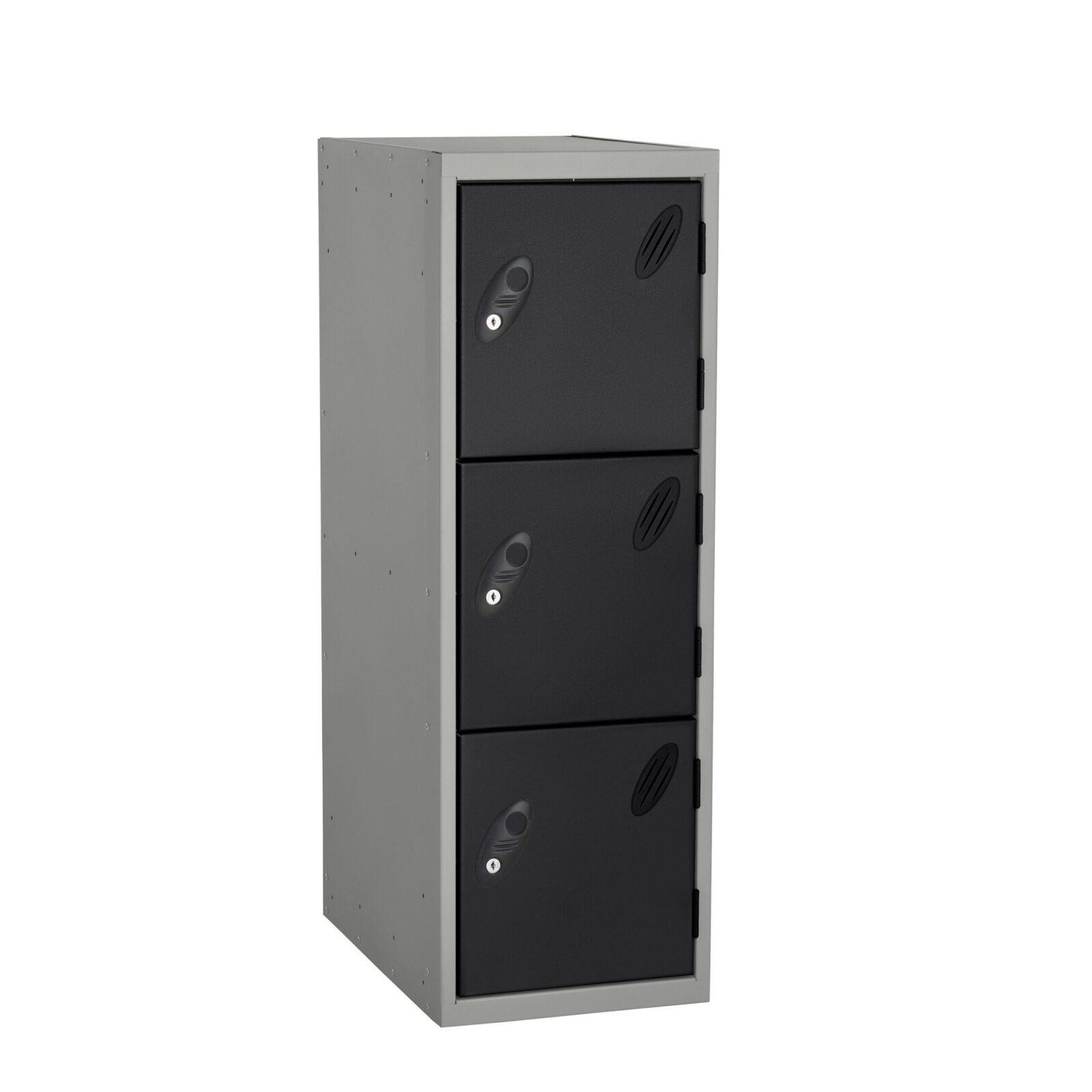 A 3 door black and silver probe half height locker with standard cam locks and a card holder on a white background.