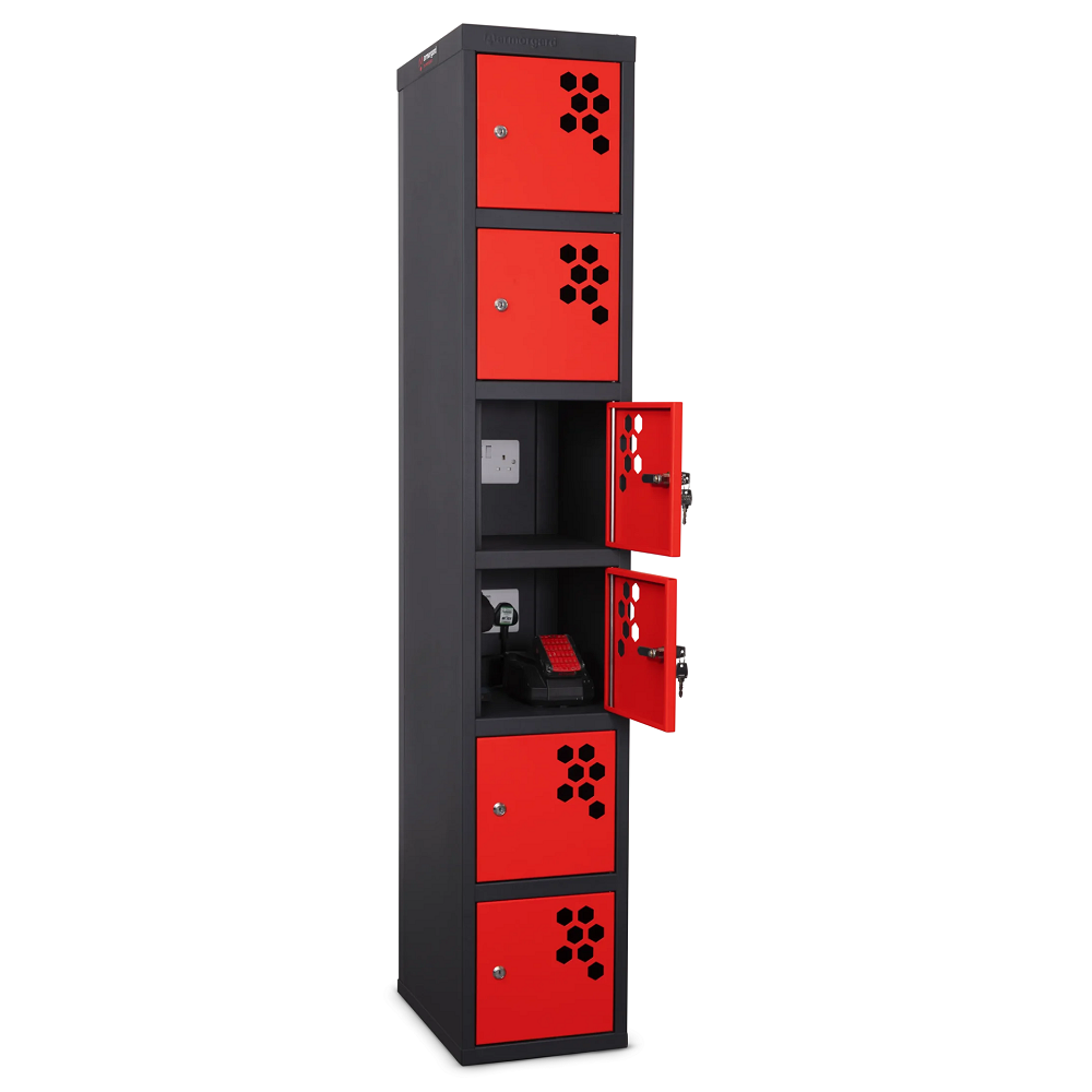 A red and black 6 door powerstation tool charging locker with 2 doors open on a white background.