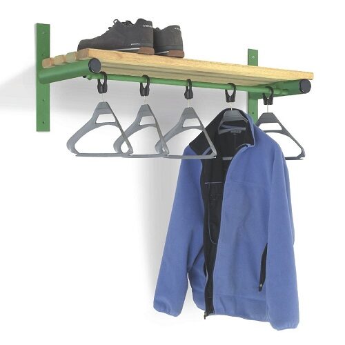 A probe wall mountable bench and rail with captive coat hangers, beech slats and a green frame with screw holes on a white background.