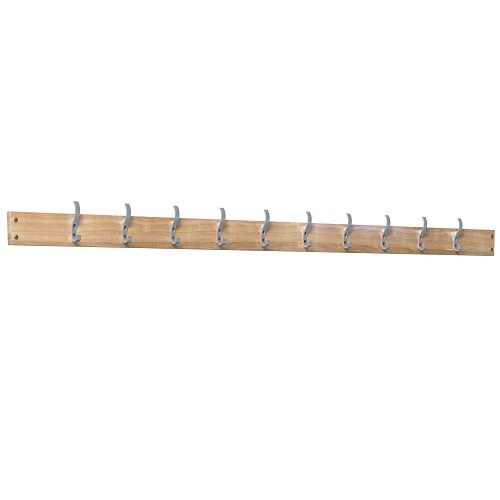 A 2000mm long wood effect board with 10 silver hooks on a white background.