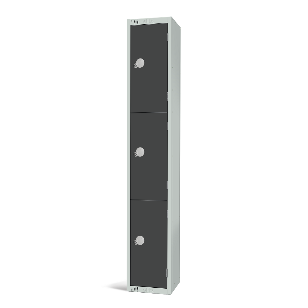 An elite 3 door locker with a silver frame and dark grey doors fitted with cam locks on a white background.