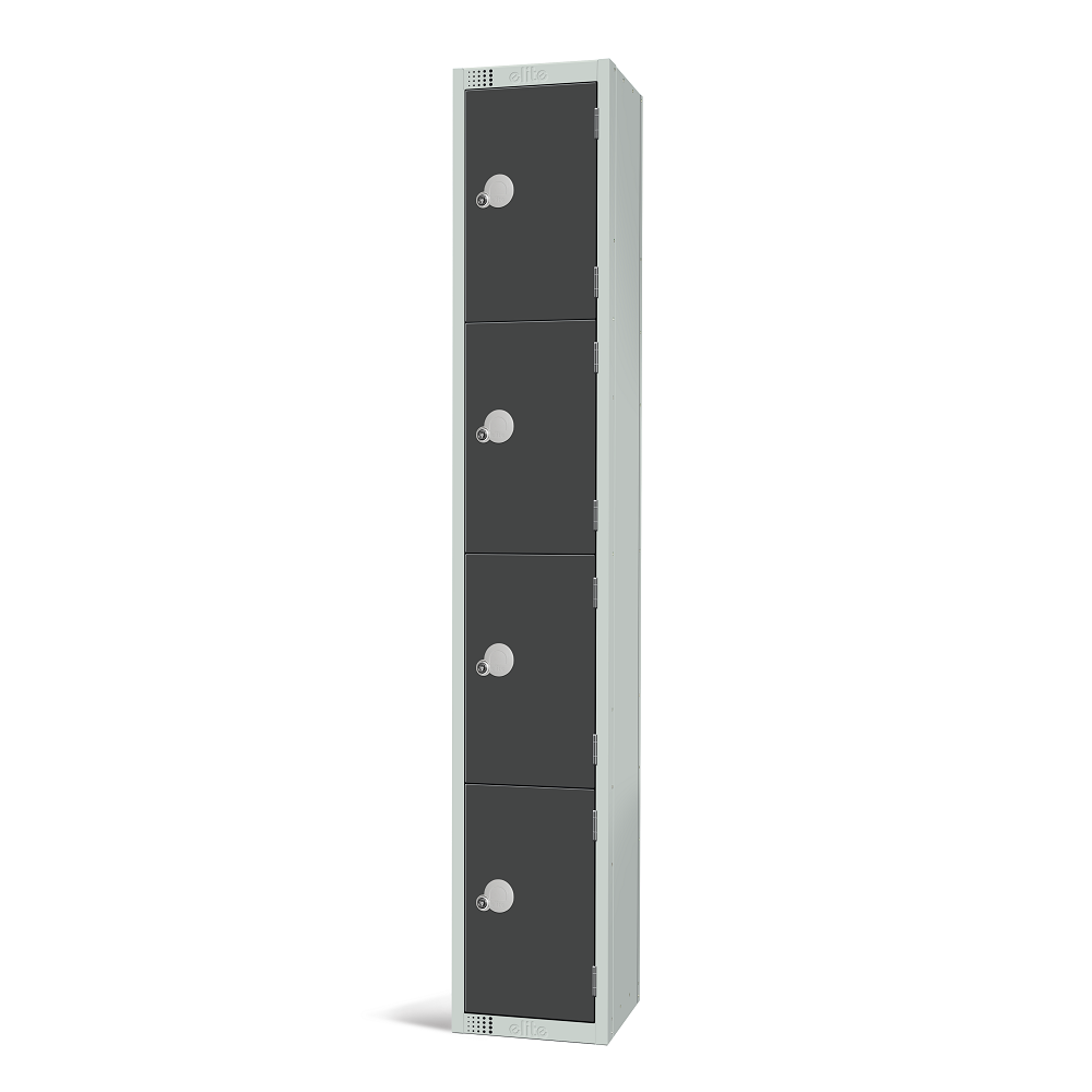 An elite 4 door locker with a silver frame and dark grey doors fitted with cam locks on a white background.