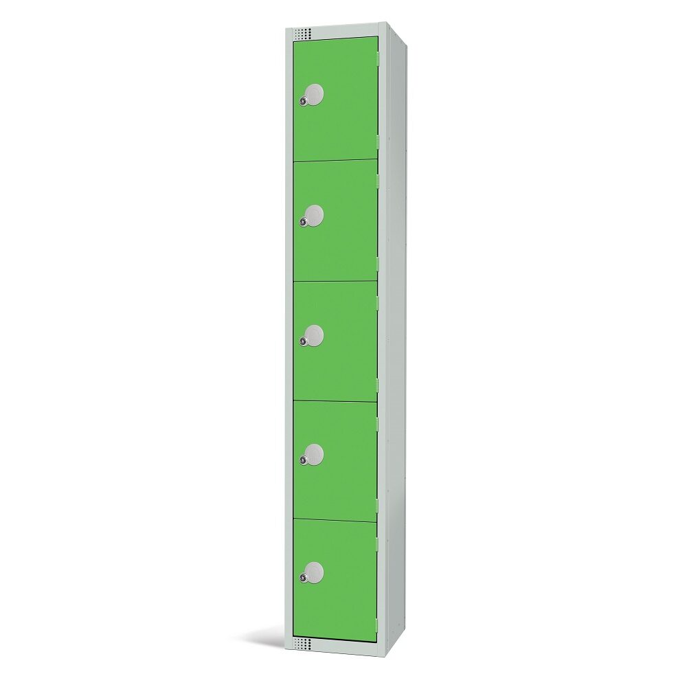 An elite 5 door locker with a silver frame and green doors fitted with cam locks on a white background.