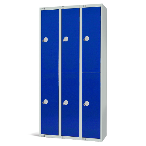 An elite 2 door locker nest of 3 with a silver frame and blue doors fitted with cam locks on a white background.