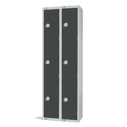 An elite 3 door locker nest of 3 with a silver frame and dark grey doors fitted with cam locks on a white background.
