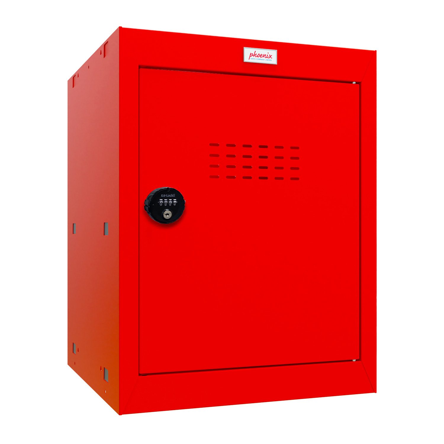 A medium cube locker in red with a combination lock.