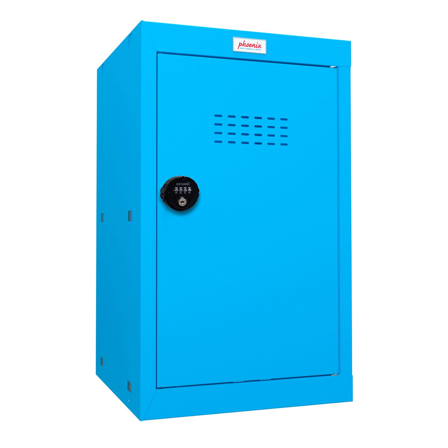 A phoenix large cube locker in blue with a combination lock.