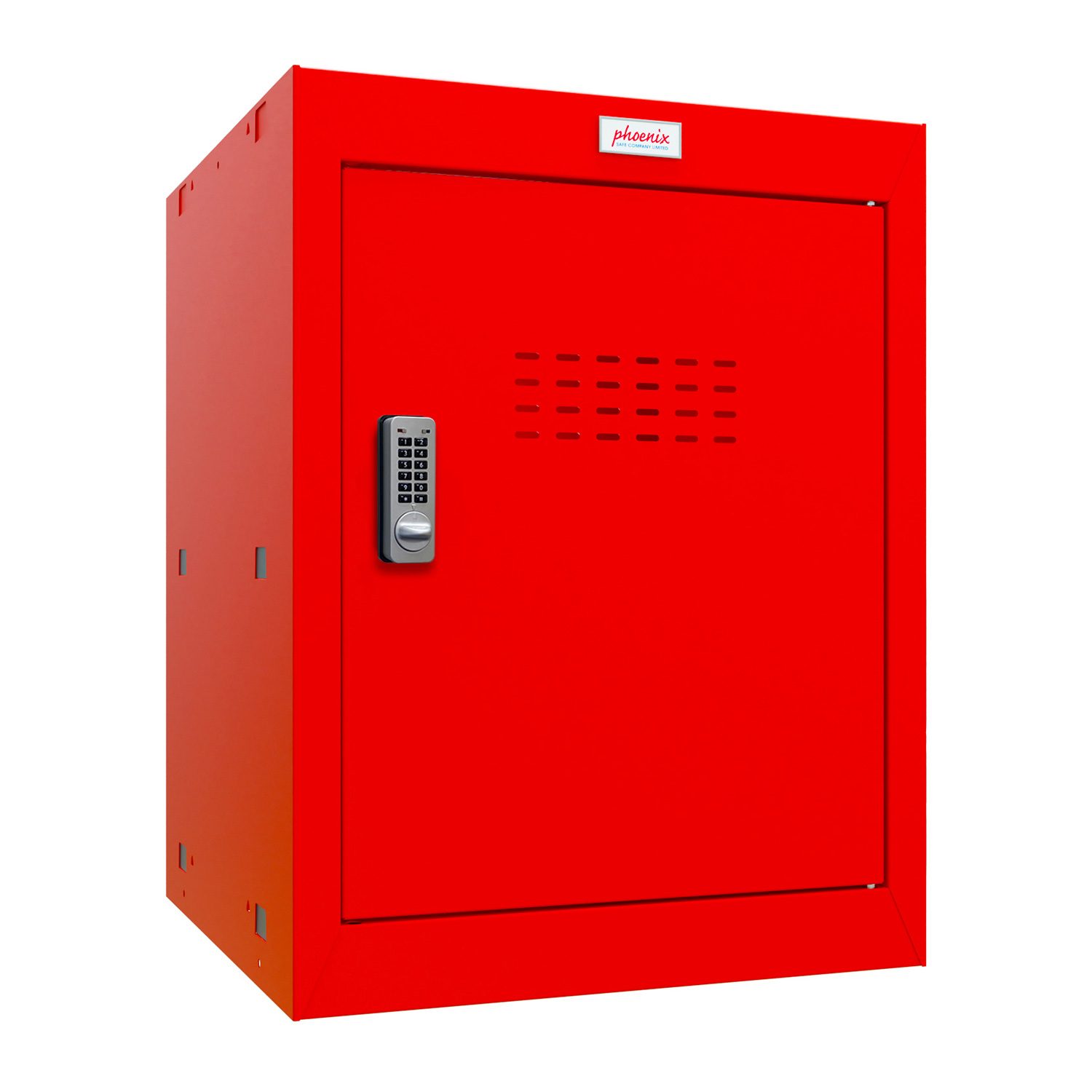 An medium cube locker in red with an electronic lock.