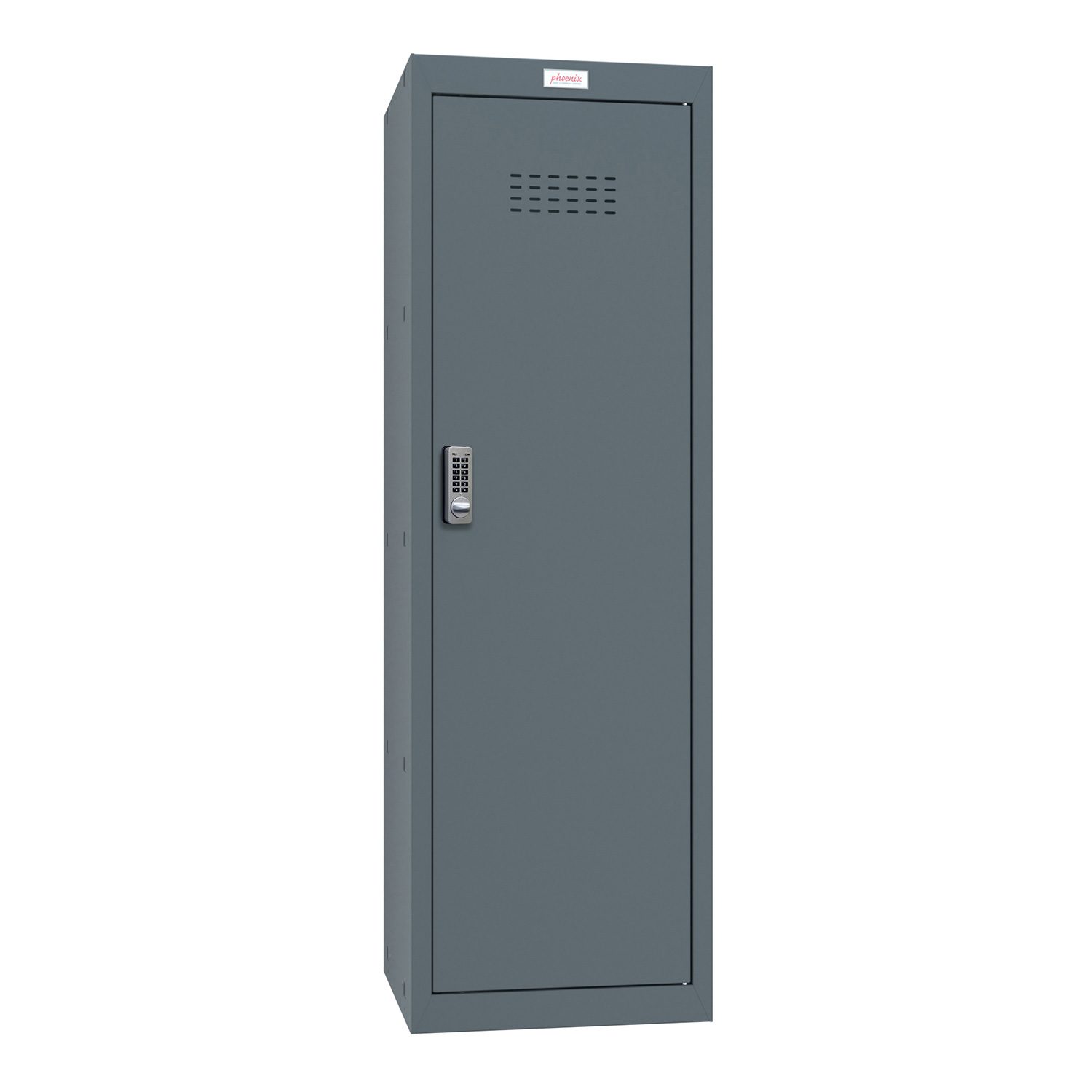 An extra large cube locker in dark grey with an electronic lock.