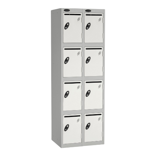 A probe 4 door locker nest of 2 with postal slots, white doors and a silver frame on a white background.
