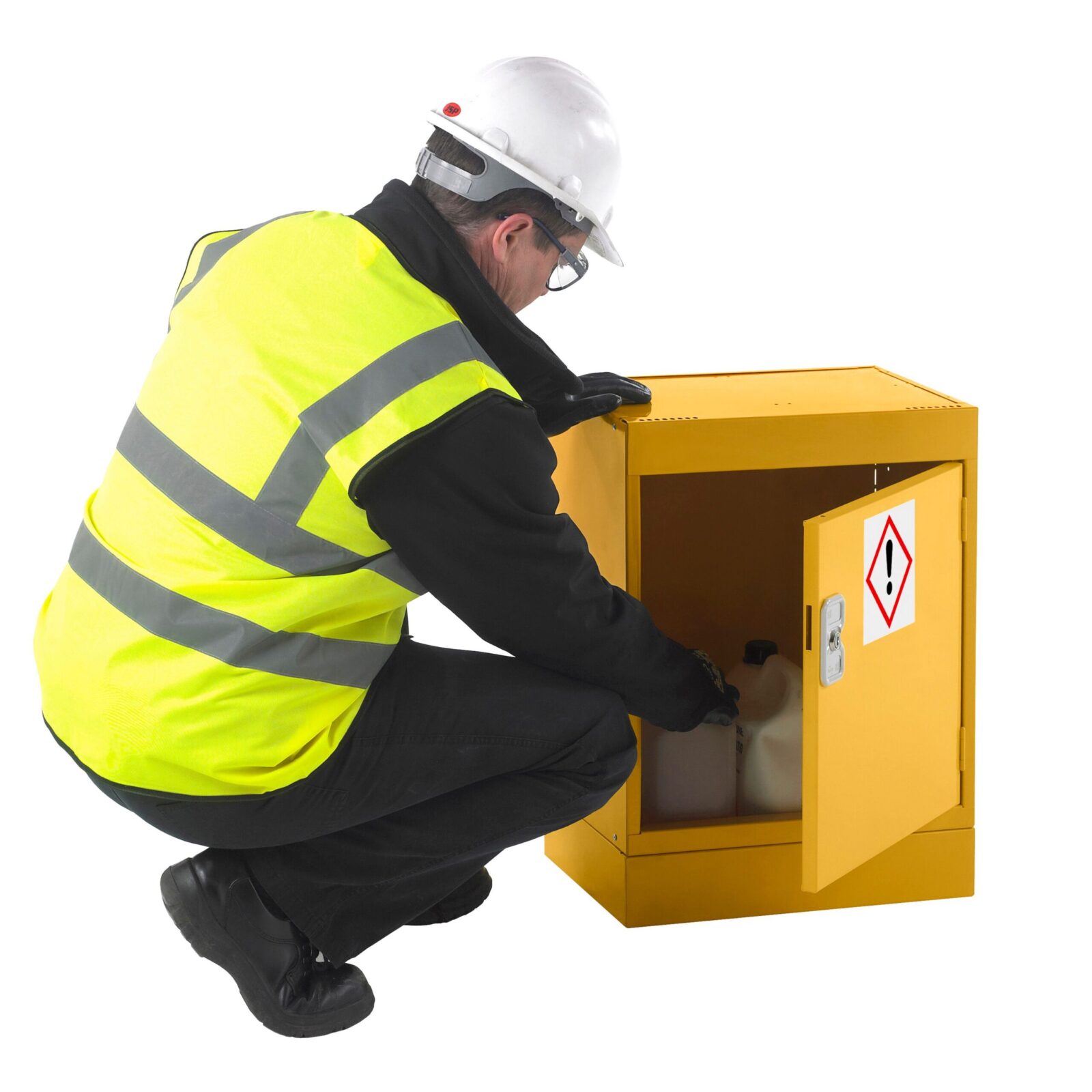 A yellow probe cube hazardous cabinet with a man looking inside the locker at the contents.
