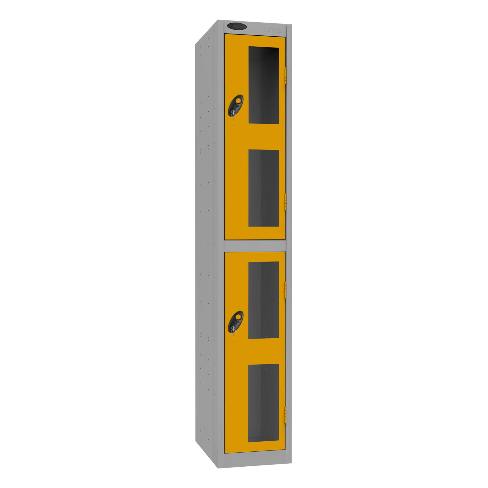 A probe 2 door yellow locker with vision panels on the doors and a standard cam lock on a white background.