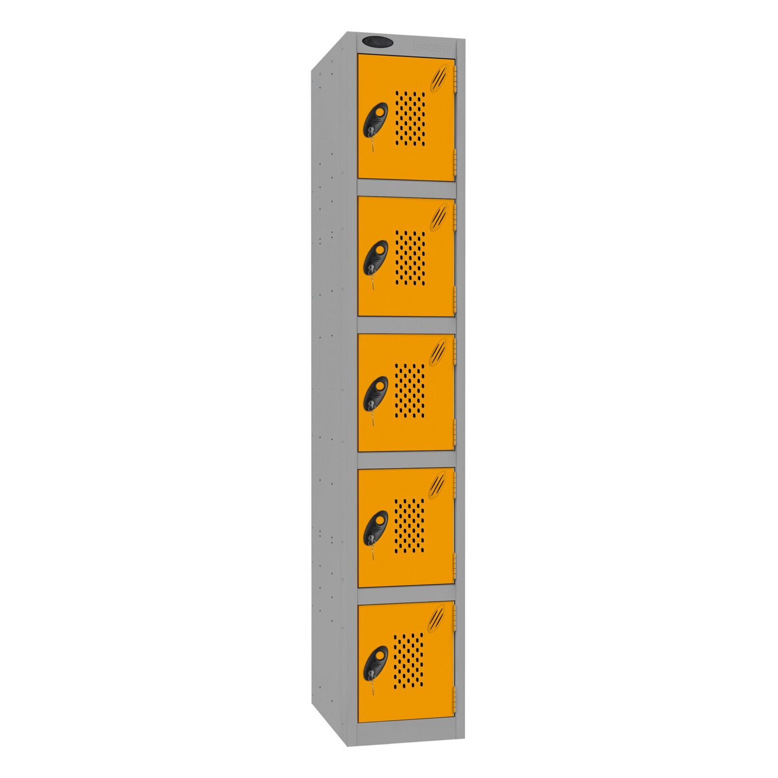 A probe 5 door locker with perforations, a silver frame and yellow doors on a white background.