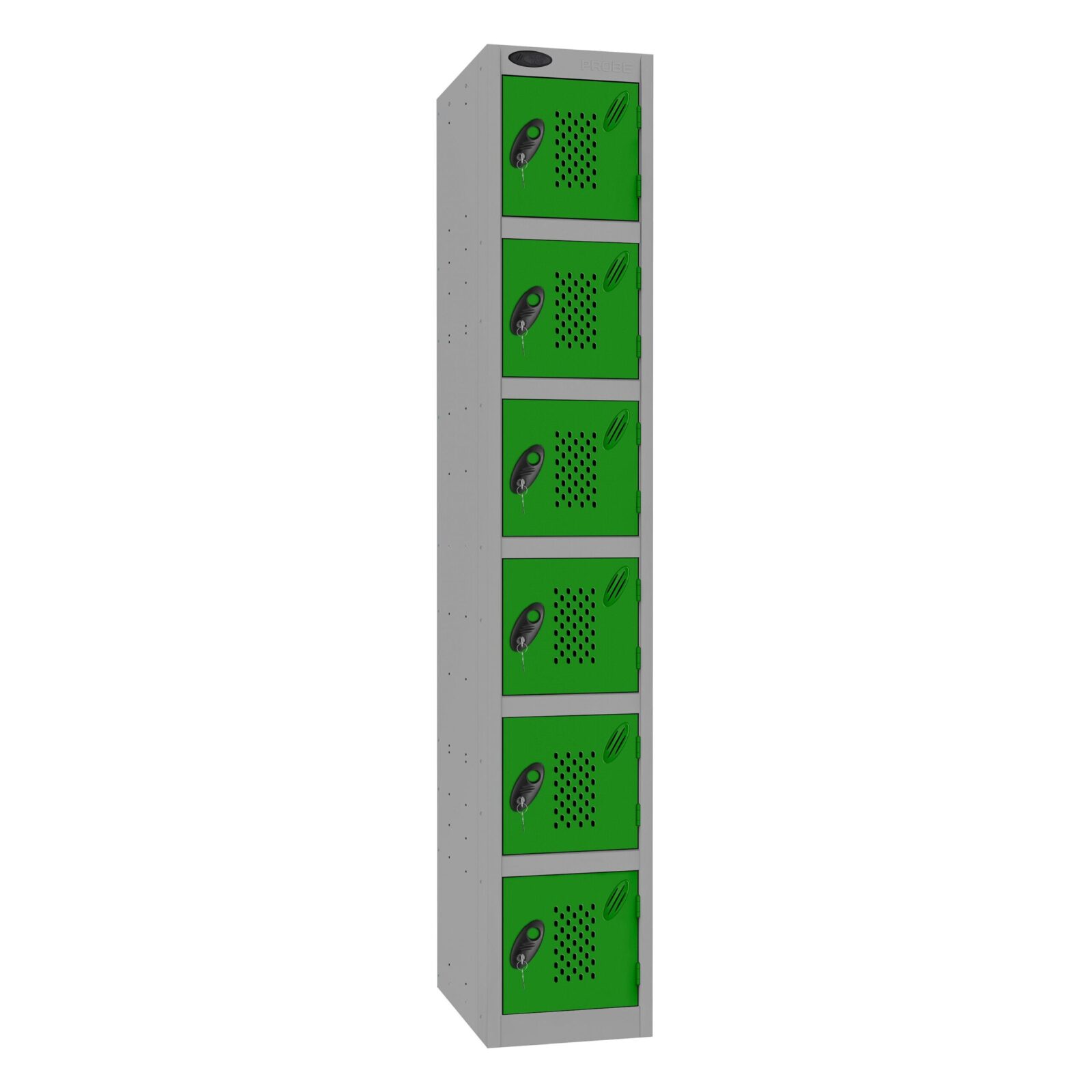 A probe 6 door locker with perforations, a silver frame and green doors on a white background.