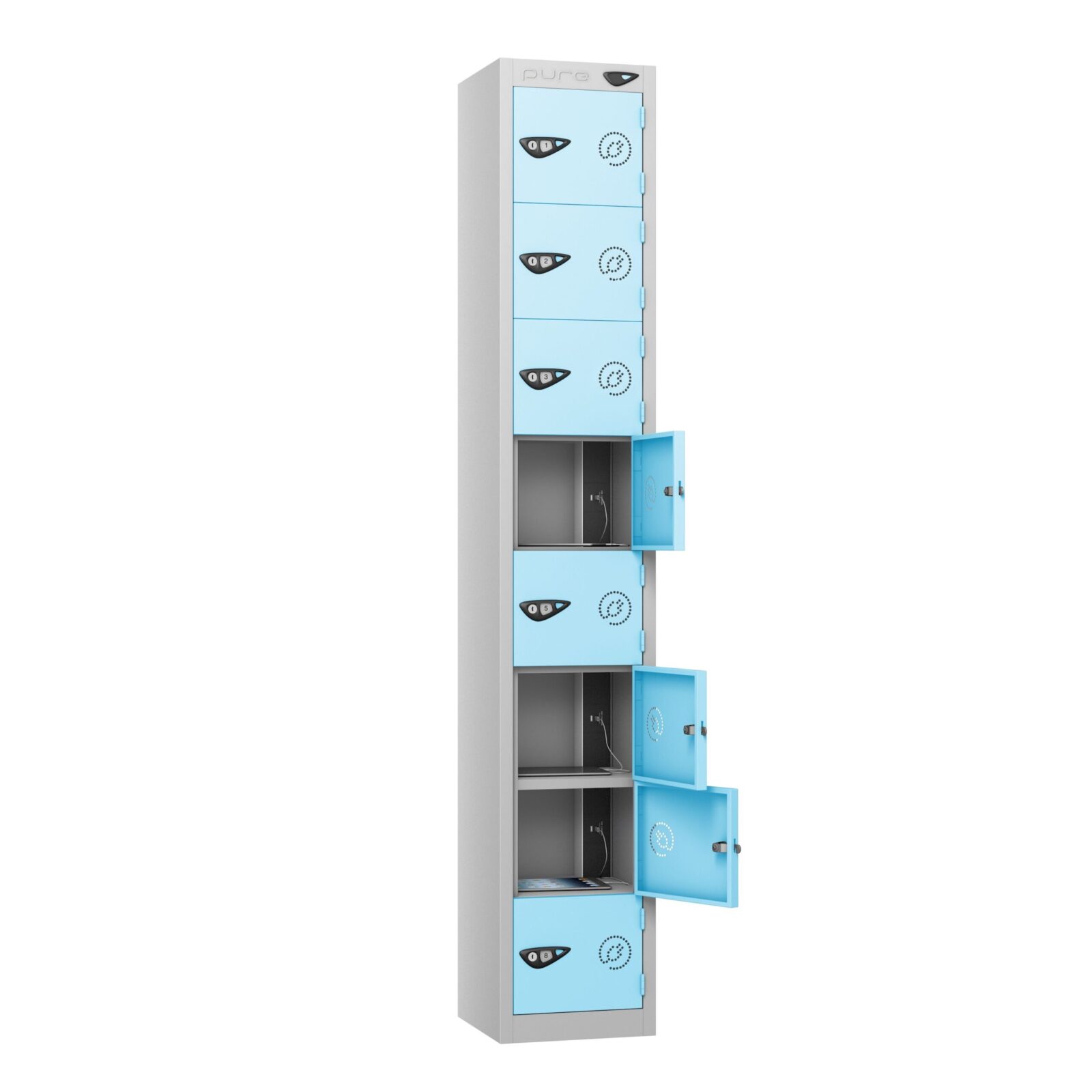 A pure 8 door tablet charging locker with ribbon blue doors and a pearl silver frame on a white background.
