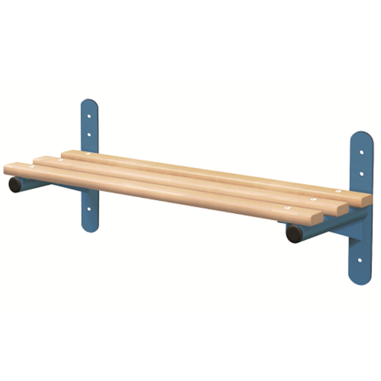 A probe wall mountable bench with beech slats and a blue frame with screw holes on a white background.