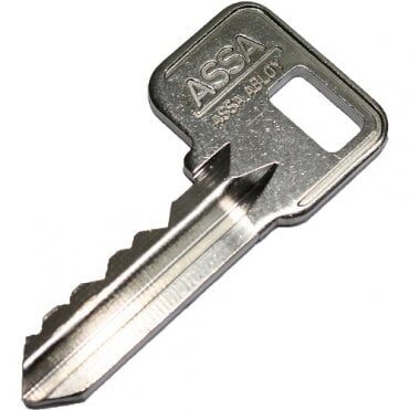 A chrome assa locker lock master key with a hole in the head for a split ring for all series on a white background.