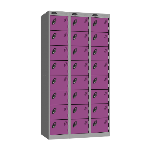 A probe 8 door steel locker nest of 3 with a silver frame and lilac doors with cam locks on a white background.