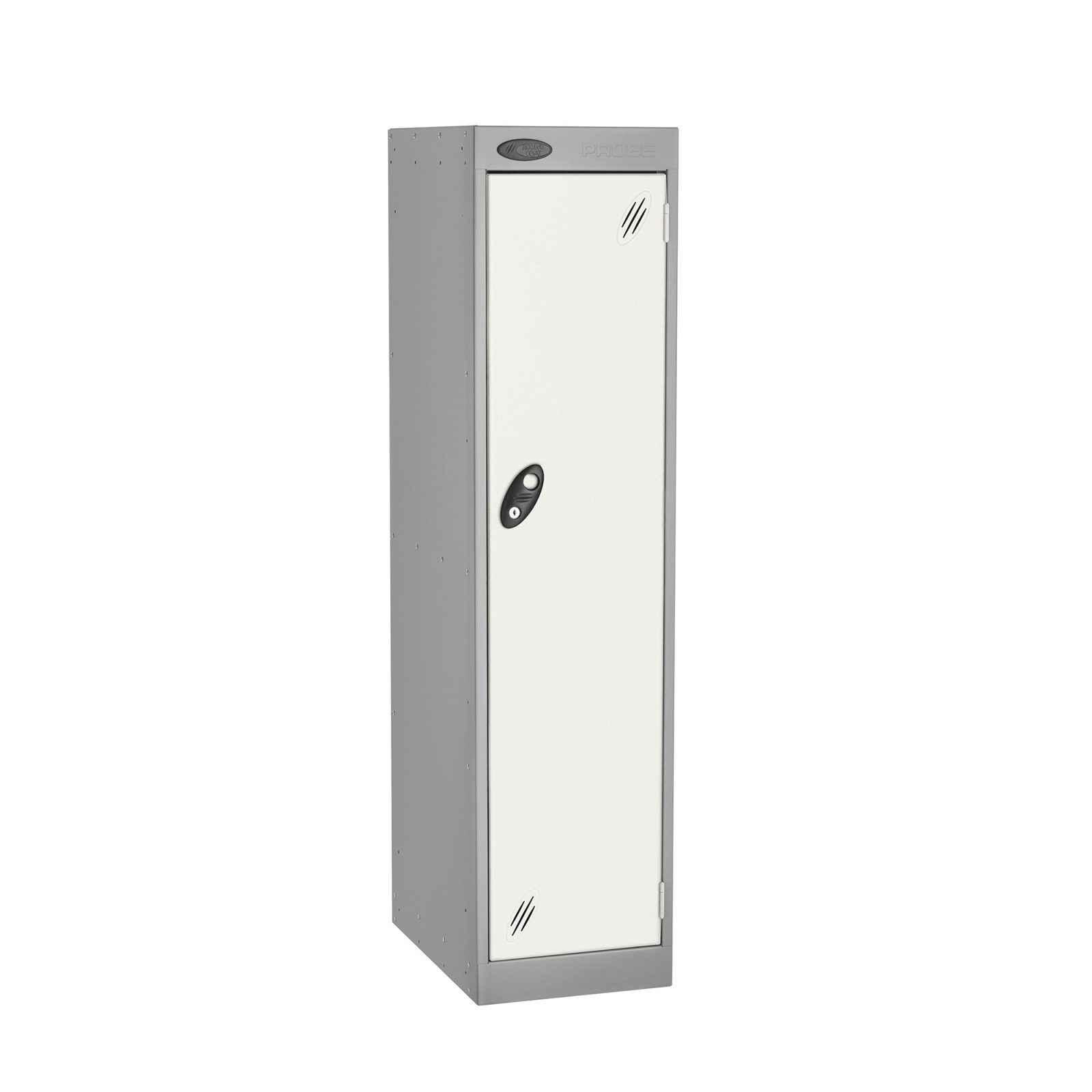 A probe 1 door primary school locker with a silver frame, a white door and standard cam locks on a white background.
