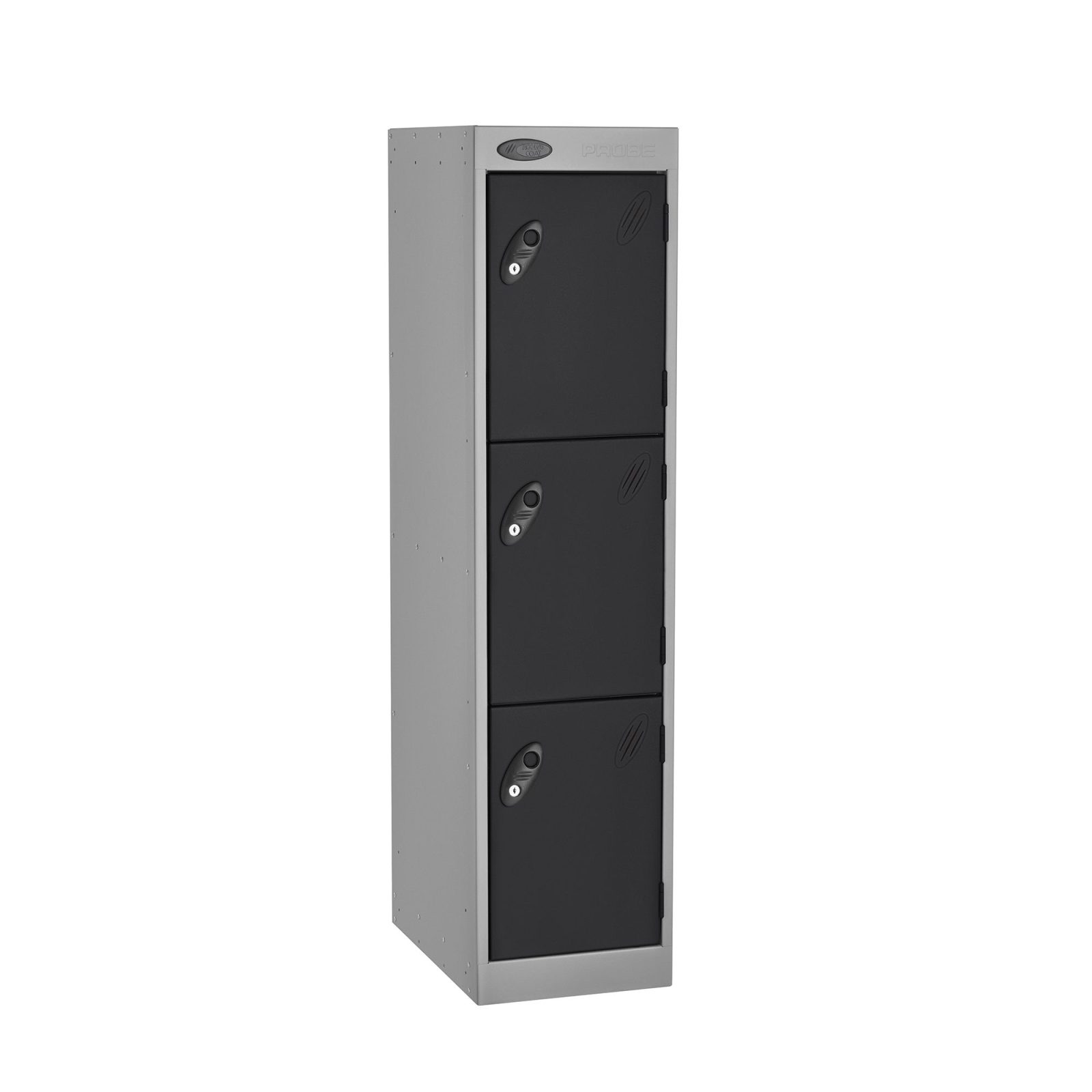 A probe 3 door primary school locker with a silver frame, a black door and standard cam locks on a white background.