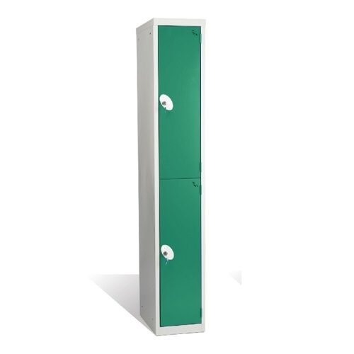 An ultimate 2 door fully welded steel locker with simple cam locks, irish green doors and a silver frame with a white background.