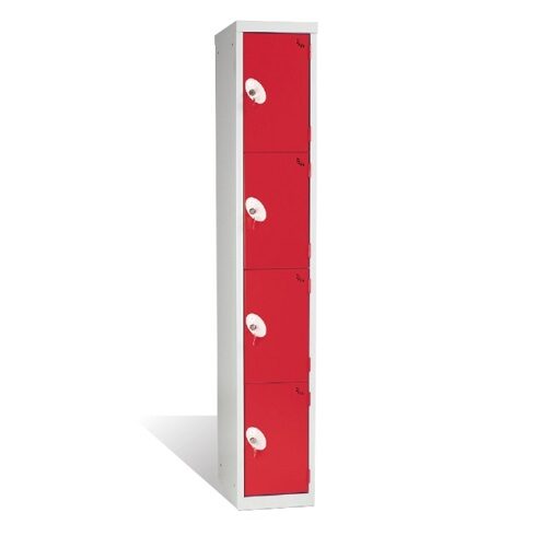 An ultimate 4 door fully welded steel locker with simple cam locks, red dynasty doors and a silver frame with a white background.