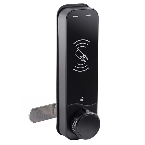 A black contactless 729 RFID locker lock with a cam bar on a white background.