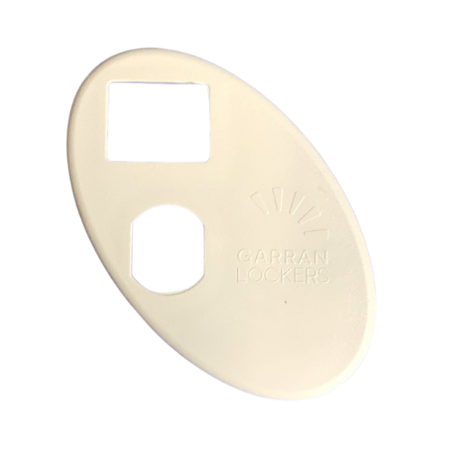 A white ultimate locker card holder with cut outs for locks and number discs on a white background.