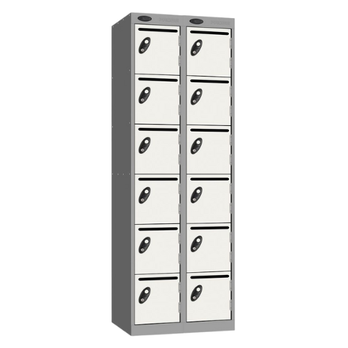 A 6 door white and silver probe post locker (nest of 2) with slots for mail in each compartment on a white background.