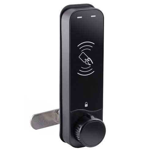 A black contactless rfid locker lock in public mode with long barrel length on a white background.