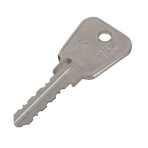 A metal replacement locker lock key cut to code on the 66000 to 68000 series on a white background.