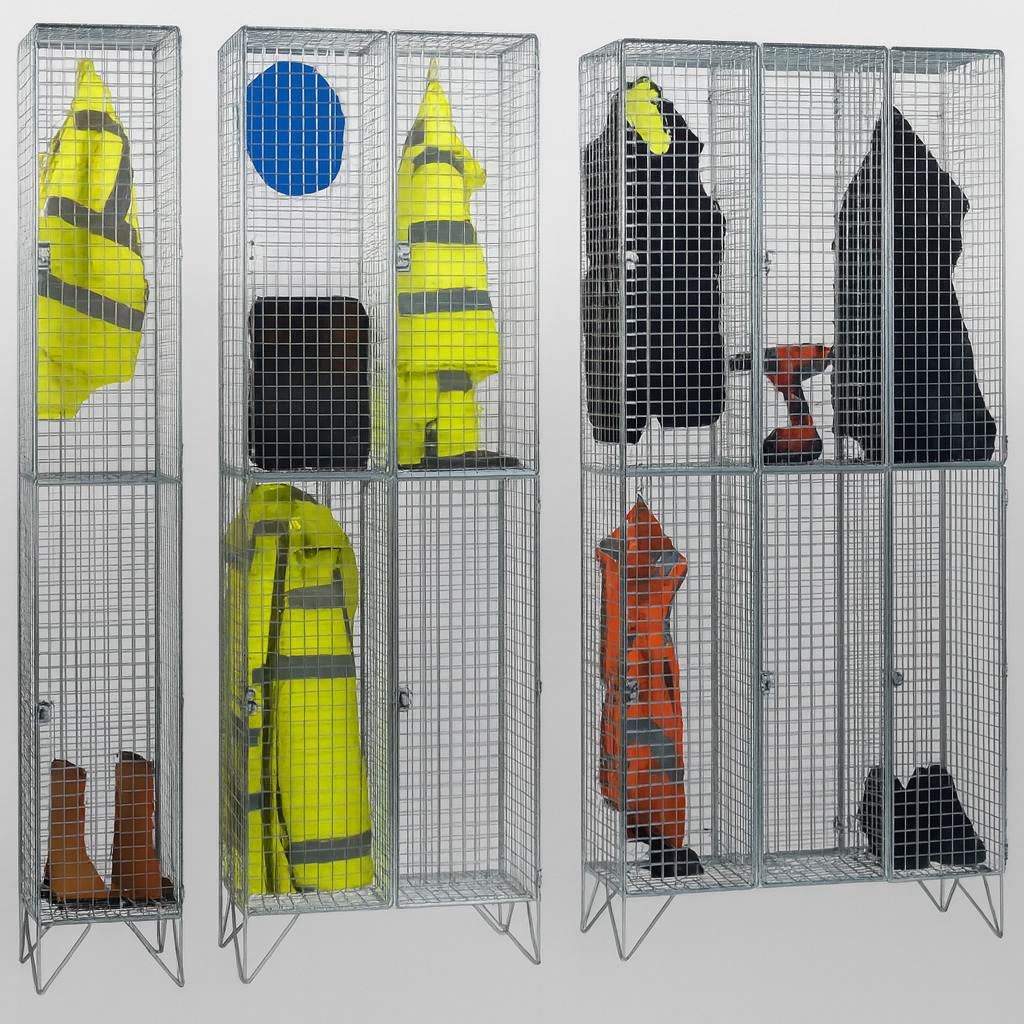 A fast delivery 2 door wire mesh locker with doors in nest of 1, 2 and 3 with clothes inside the compartment on a white background.