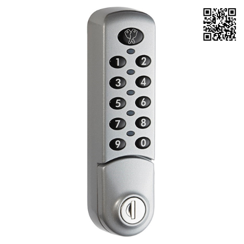 A silver 3780 locker lock with a qr code in the top right hand corner to show it can be used to make money through users.