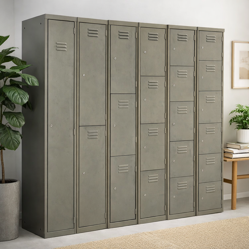 A group of 1 to 6 door urban vintage retro lockers in a modern office setting with plants.