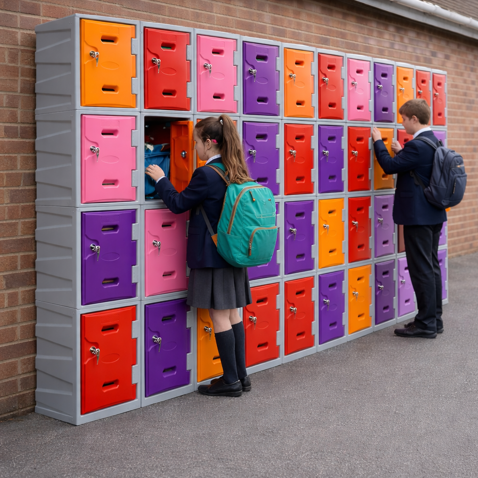 A bank of 4 door plastic storm lockers outside with students using them.
