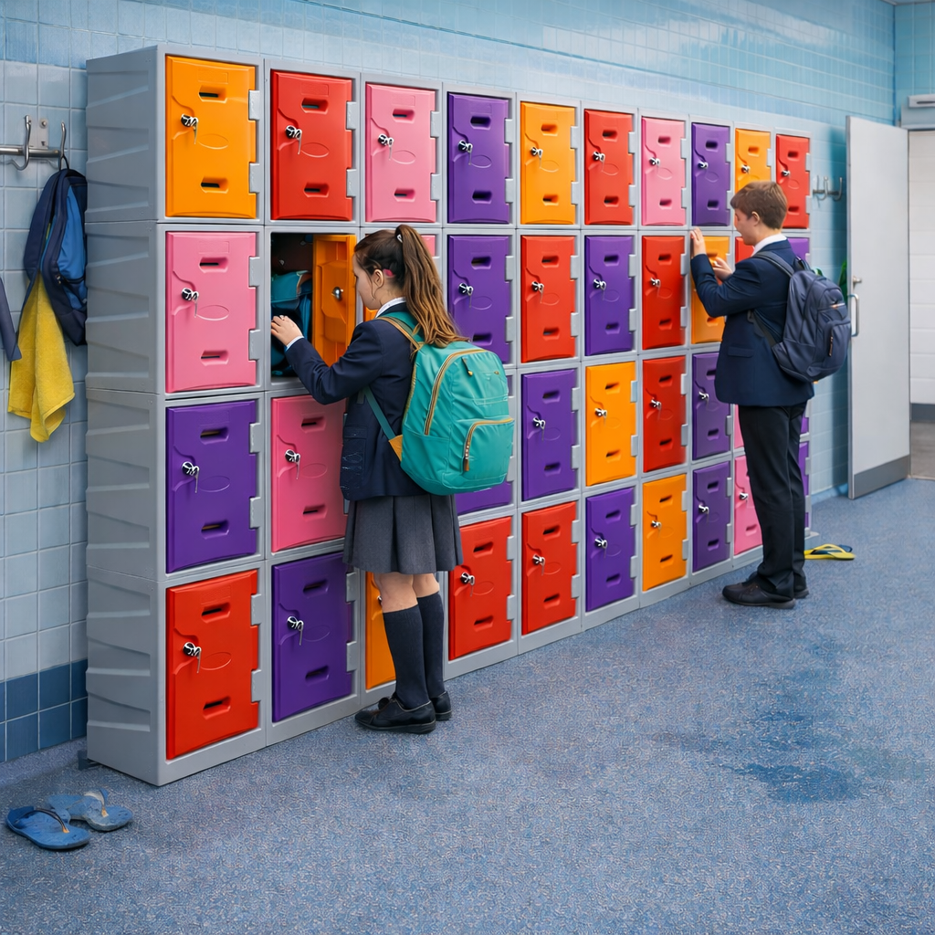 A bank of 4 door storm lockers in a swimming pool changing room area with people using them.