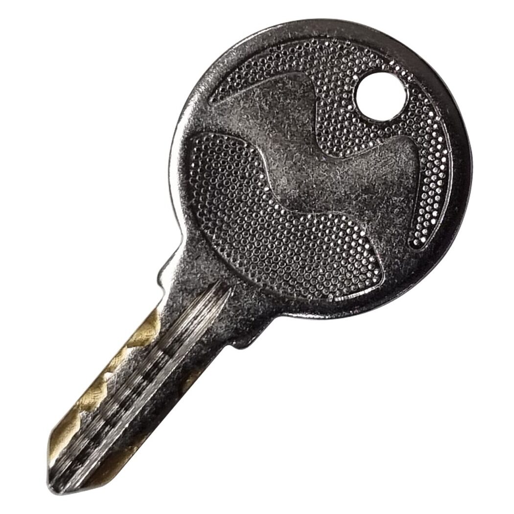 A master key on a white background with a hole for use with a split ring to attach to other bunches of keys.