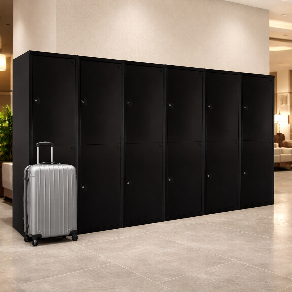 A lockertek 2 door luggage locker with black doors and a black frame in a hotel environment suitable for suitcases and large bag storage.