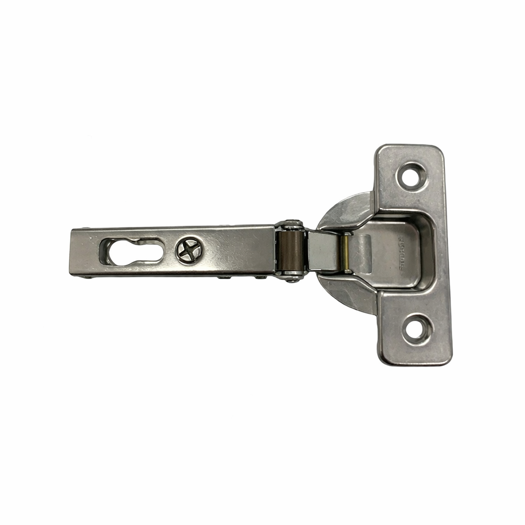 A craftsman 105 sprung hinge with screw holes on a white background.